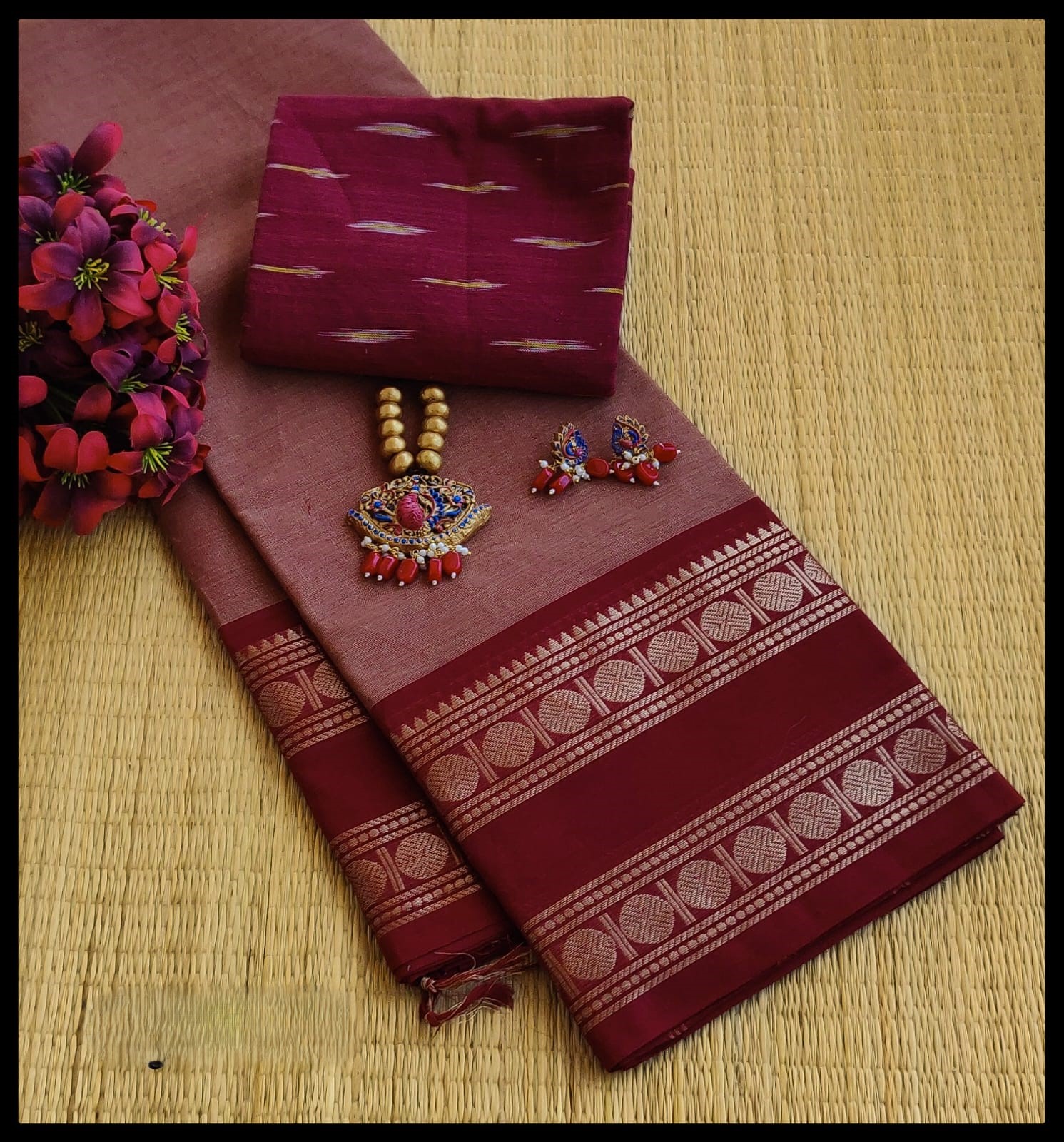 Deep Purple Animal Motif Zari Border Chettinad Cotton Saree